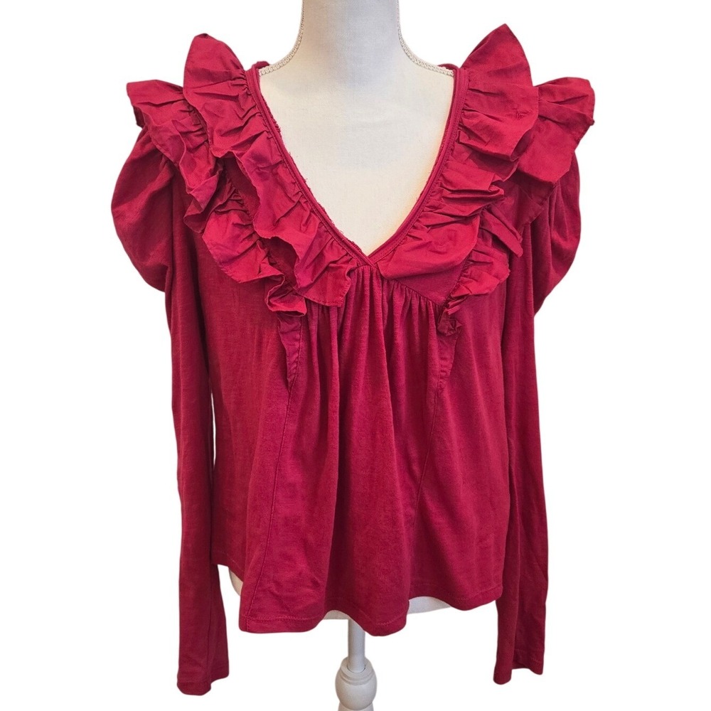 Anthropologie Ruffled Long Sleeve Puff-Sleeve V-Neck Top Blouse Medium Dark Pink